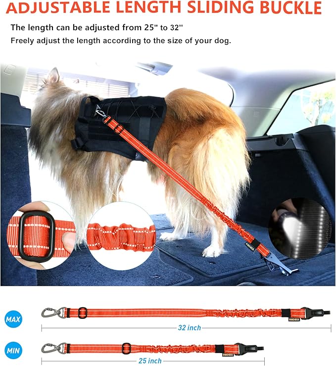 AUBELL Dog Seat Belt for Car,Updated 3-in-1 Adjustable Reflective Bungee Heavy Duty Dog Car Harness Tether with Clip Hook Latch & Buckle,Swivel Zinc Alloy Carabiner,Orange-Mewly Pet