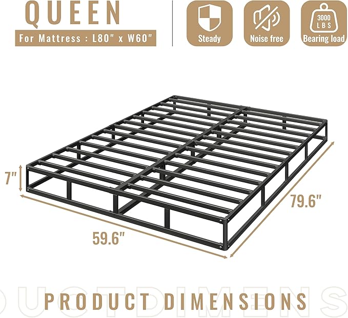 Queen Size Box Spring, 7 Inch Low Profile Metal Frame Mattress Foundation, Heavy Duty Boxspring with Cover, Easy Assembly, Noise Free, Non-Slip