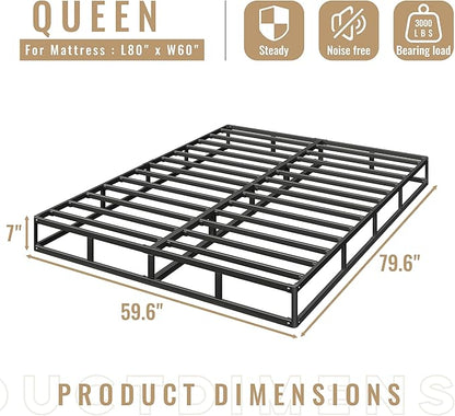 Queen Size Box Spring, 7 Inch Low Profile Metal Frame Mattress Foundation, Heavy Duty Boxspring with Cover, Easy Assembly, Noise Free, Non-Slip