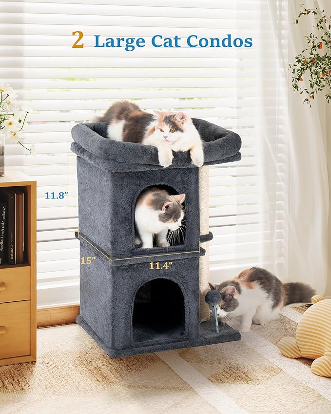 24in Cat Tree Tower with Scratching Post, 19 * 16.5in Window Perch for Large Cats, 2 Cat Condo Cubbies for Indoor Kittens, Dark Gray-Mewly Pet