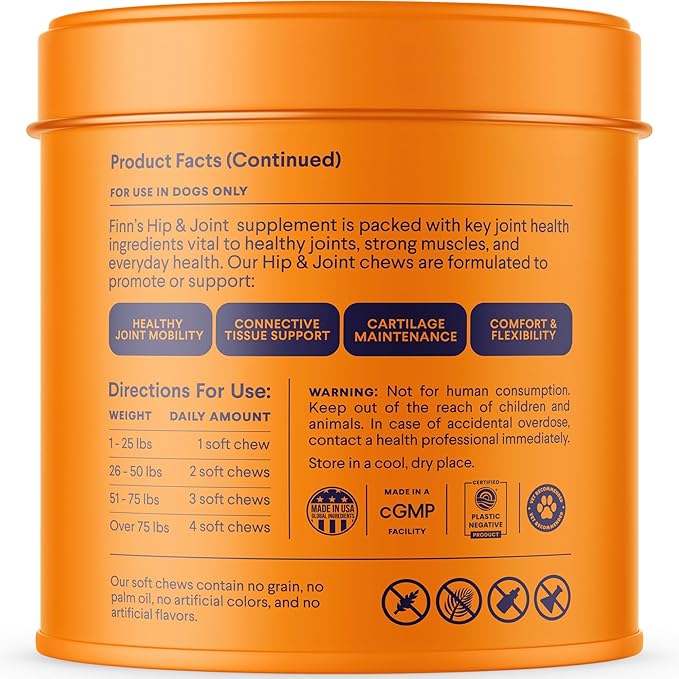 Finn Hip and Joint Supplement for Dogs | Glucosamine, Chondroitin & MSM for Joint and Mobility Support | with Turmeric, BioPerine and B-Vitamins | 90 Soft Chews-Mewly Pet