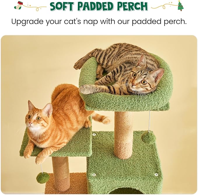 MWPO 63.8 Inches Green Cat Tree for Indoor Cats, Multi-Level Cat Tower with Sisal-Covered Scratching Posts, Padded Platform, Hammock, Dangling Toys, Stable Cat Condo Pet Play House-Mewly Pet