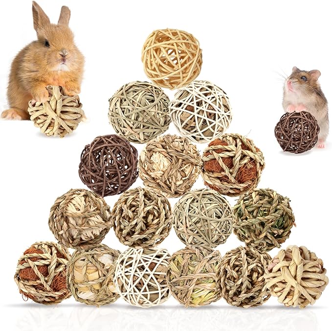Bunny Chew Grass Balls, Rolling Chew Toys for Small Animals, Improving Dental Health, Natural Chew Grass Toys for Rabbits, Guinea Pigs, Chinchillas, Hamsters, Mice (16 Pcs)-Mewly Pet