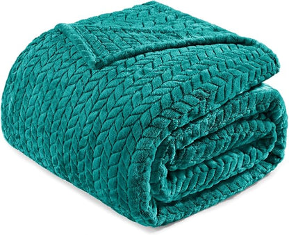 Exclusivo Mezcla Fleece Queen Size Blanket for Bed, 90x90 Inches Soft Cozy Jacquard Flannel Blankets, Lightweight Fuzzy Plush Warm for Winter, Teal