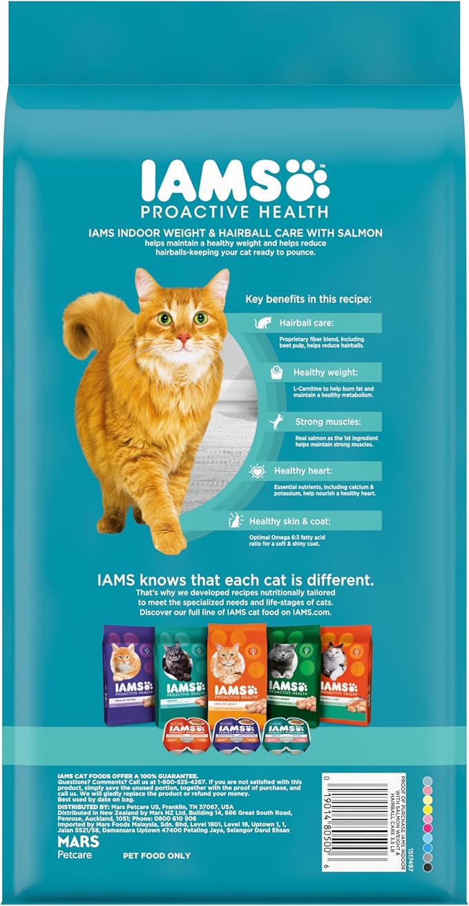 IAMS Proactive Health Indoor Weight Control & Hairball Care Adult Dry Cat Food, Salmon Recipe, 3.5 lb. Bag-Mewly Pet