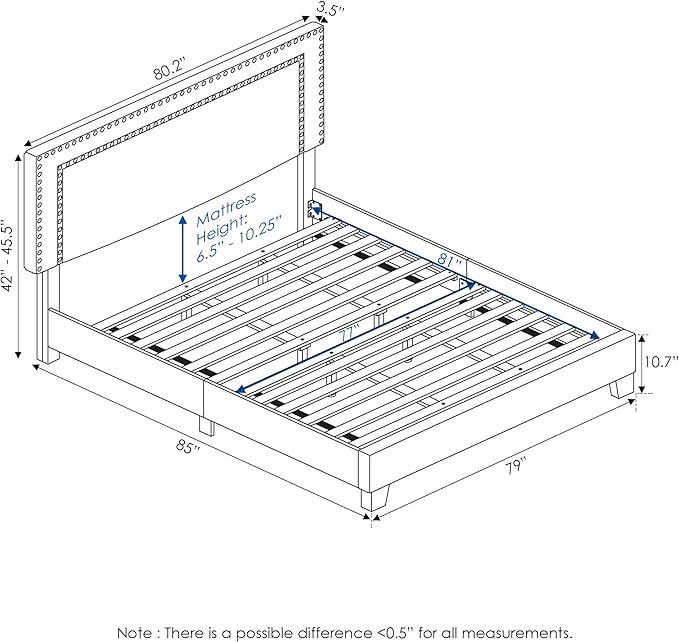 Furinno Laval Double Row Nail Head Upholstered Platform Bed Frame, King, Linen