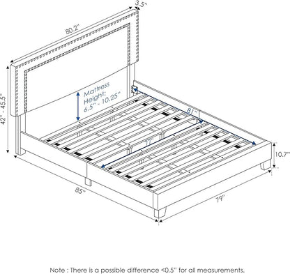 Furinno Laval Double Row Nail Head Upholstered Platform Bed Frame, King, Linen