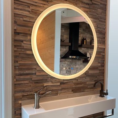 LED Round Vanity Mirror, Wall Mounted Lighted Vanity Makeup Mirror with Anti Fog Dimmable Touch Button Adjustable Color Temperature Memory Function 39 Inch by Fab Glass and Mirror
