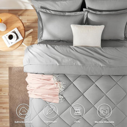 CozyLux Full Size Comforter Sets Light Grey - 7 Pieces Bed in a Bag Full, Luxury Soft Bed Set for All Seasons, Bedding Set with Down Alternative Comforter, Sheets, Pillowcases & Shams