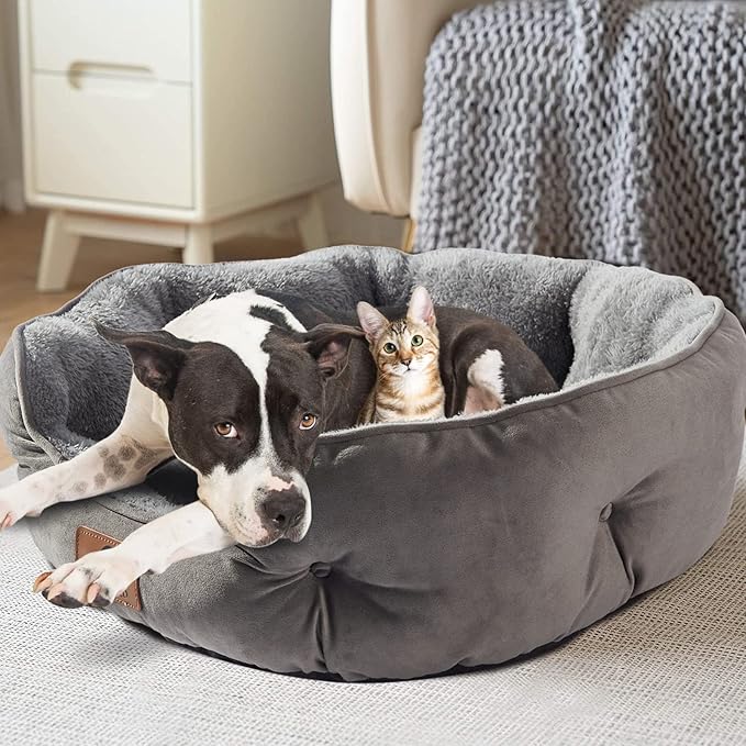 Asvin Large Dog Bed for Large Dogs, Cat Beds for Indoor Cats, Pet Bed for Puppy and Kitty, Extra Soft & Machine Washable with Anti-Slip & Water-Resistant Oxford Bottom, Grey, 35 inches-Mewly Pet