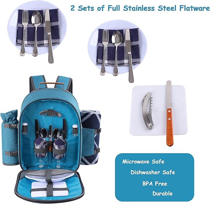 Apollo Walker Picnic Backpack Set for 2 Person with Cooler Compartment, Detachable Bottle/Wine Holder, Fleece Blanket, Plates and Cutlery Set (Teal)-Mewly Pet