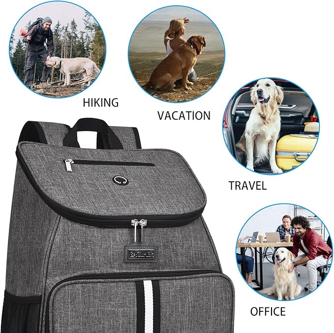 BAGLHER丨Dog Travel Bag, Airline Approved Pet Supplies Backpack, Dog Travel Backpack Accessories Set with 2 Silicone Collapsible Bowls and 2 Food Baskets, Gray-Mewly Pet