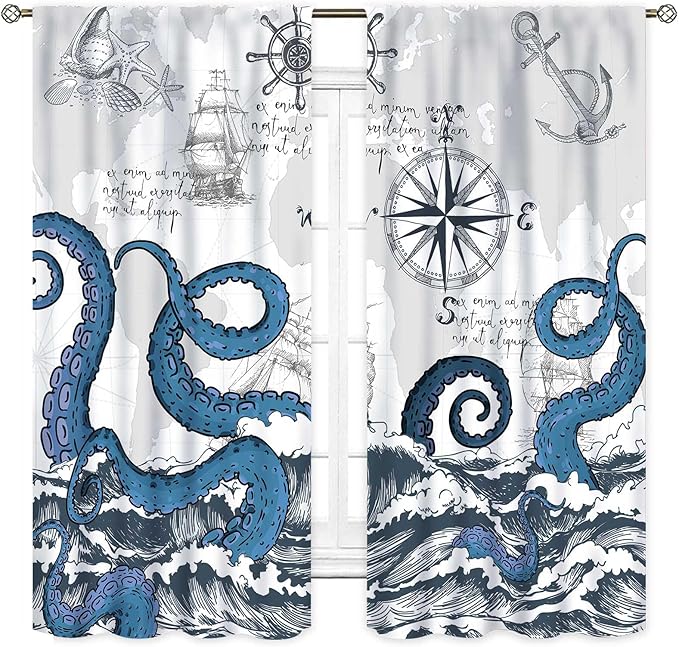 Nautical Curtains, Coastal Old Pirate Map Sailboat Compass Anchor Vintage Ocean Kraken Octopus Tentacles Blue Marine Window Drapery Treatment for Bedroom Living Room Kitchen Bathroom, 42"x54" Inch