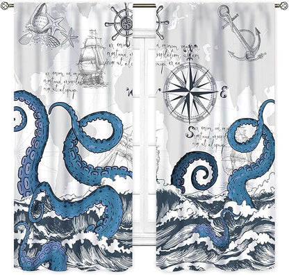 Nautical Curtains, Coastal Old Pirate Map Sailboat Compass Anchor Vintage Ocean Kraken Octopus Tentacles Blue Marine Window Drapery Treatment for Bedroom Living Room Kitchen Bathroom, 84"x84" Inch