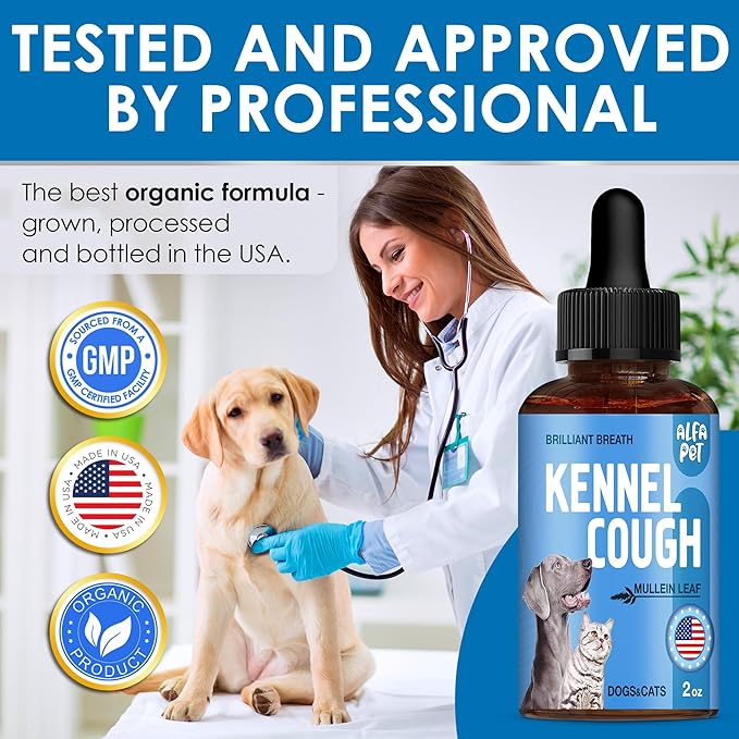Dog Cough Treatment Liquid • Kennel Cough for Dogs & Cats • for Breathing During All Life Cycle • Marshmallow Root + Mullein Leaf in The Composition • Natural Supplement for All Breeds • 2 Oz-Mewly Pet