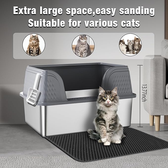 Suhaco Extra Large Stainless Steel Litter Box with Lid XXXL High Sided Cat Litter Boxes Included Litter Mat & Litter Scoop Anti-Urine Leakage Metal Pet Toilet for Big Cats (Grey XXXL)-Mewly Pet