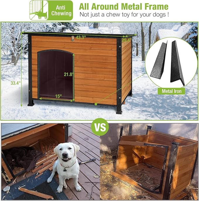 GUTINNEEN Large Insulated Dog House for Winter Outdoor Dog Kennel with Anti-Chewing Metal Frame for Medium to Large Dogs, Brown Color-Mewly Pet