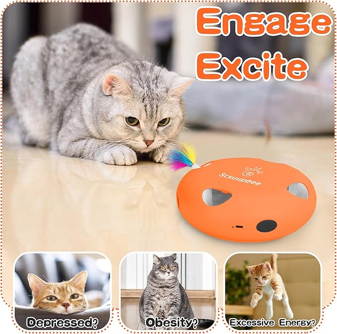 Interactive Cat Toy, Electric Cat Toys for Moving Concealed Feathers, Smart Sensor 7 Holes Whack a Mole Feather Toy, USB Charge Automatic Kitten Toys,Orange-Mewly Pet