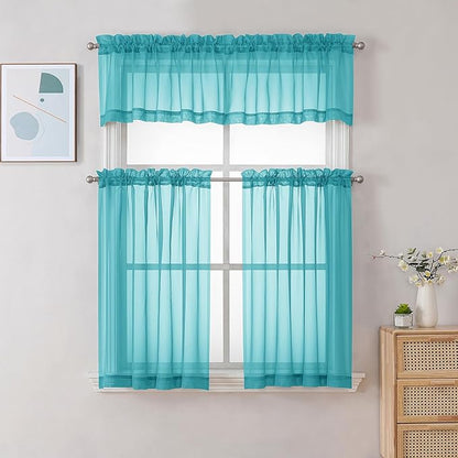 Chyhomenyc Turquoise Sheer Curtains 36 inch Length 2 Panels, Light Filtering Voile Rod Pocket Short Window Curtians for Bathroom Living Room Farmhouse Small Windows, 42Wx36L inches