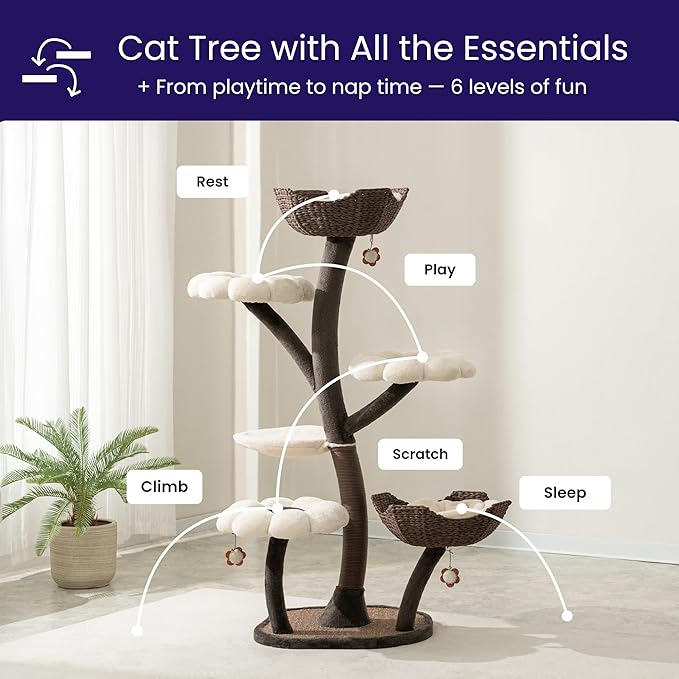 Catry Blossom 59" Flower Cat Tree with Replaceable Flower Perches and Scratching Posts, Handwoven Baskets with Washable Beds, Durable Iron Frame for Large & Multi-Cat Homes-Mewly Pet