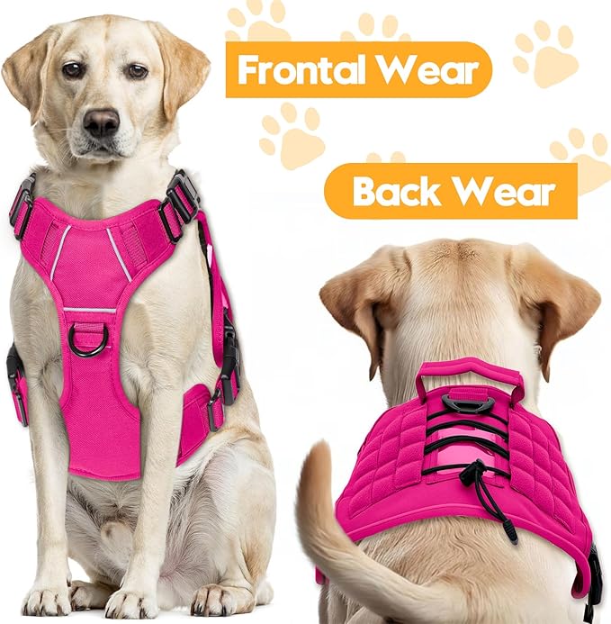 Heavy-Duty Tactical Dog Harness for Large Dogs, No Pull Adjustable Reflective Pet Vest with Molle System, K9 Military-Grade Control for Service Training, Outdoor & 10+ Breeds, Hot Pink, XX-Large-Mewly Pet