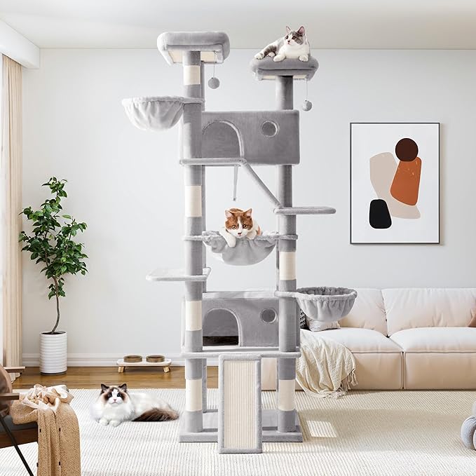 Allewie 81 Inches Tall Cat Tree/Multi-Level Large Climbing Tree House and Towers for Big Feline/Condo and Hammock/Scratching Post/Wide Base/Grey-Mewly Pet