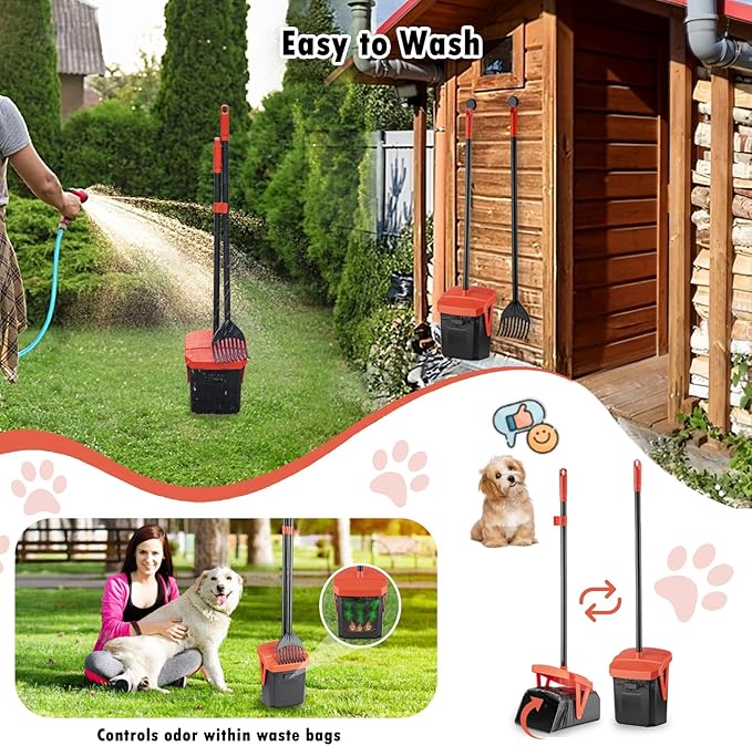 TIMINGILA 36" Pooper Scooper Swivel Bin & Rake with 100 Dog Poop Bags,Adjustable Long Handle for No-Bend Cleanup,Portable Non-Breakable Dog Poop Scooper for Large Medium Small Dogs-Mewly Pet