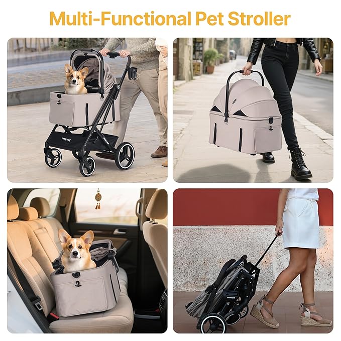 BEBEROAD X3 2 in 1 Pet Stroller for Medium or Two Small Dogs & Cats 4 Wheels Lightweight Foldable Carrier Dog Stroller with Waterproof Weather Cover Cup Holder,Storage Basket(Camel)-Mewly Pet