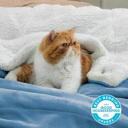 Bedsure GentleSoft Sherpa Fleece Throw Blanket for Couch - Thick and Warm Throw for Women and Men, Soft Fuzzy Plush Blanket for Winter, Washed Blue, 50x60 Inches