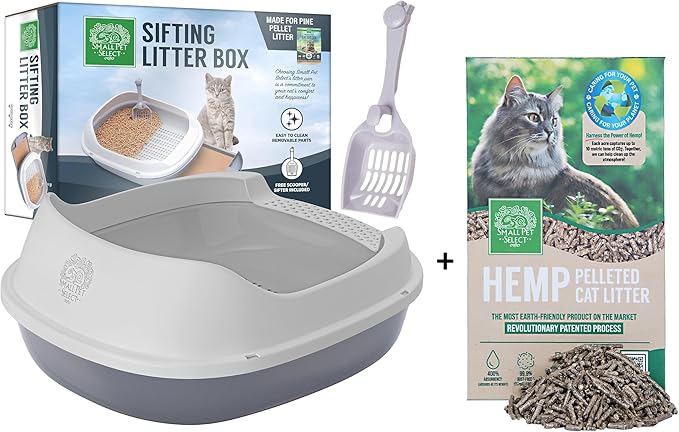 Small Pet Select- Sifting Cat Litter Box and 8lb Hemp Pellets Combo, with 5 Free Pee Pads and Free Litter Scoop, Premium System for Cats, Tidy and Easy to Clean-Mewly Pet