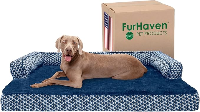 Furhaven Memory Foam Dog Bed for Large Dogs w/ Removable Bolsters & Washable Cover, For Dogs Up to 125 lbs - Plush & Woven Decor Comfy Couch Sofa - Diamond Blue, Jumbo Plus/XXL-Mewly Pet