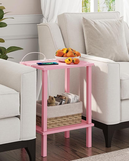 TUTOTAK End Table with Charging Station, Small Side Table with Outlets, Nightstand Bedside Table, 2-Tier Storage Shelf for Small Space, Living Room, Bedroom, Pink TB01BP040