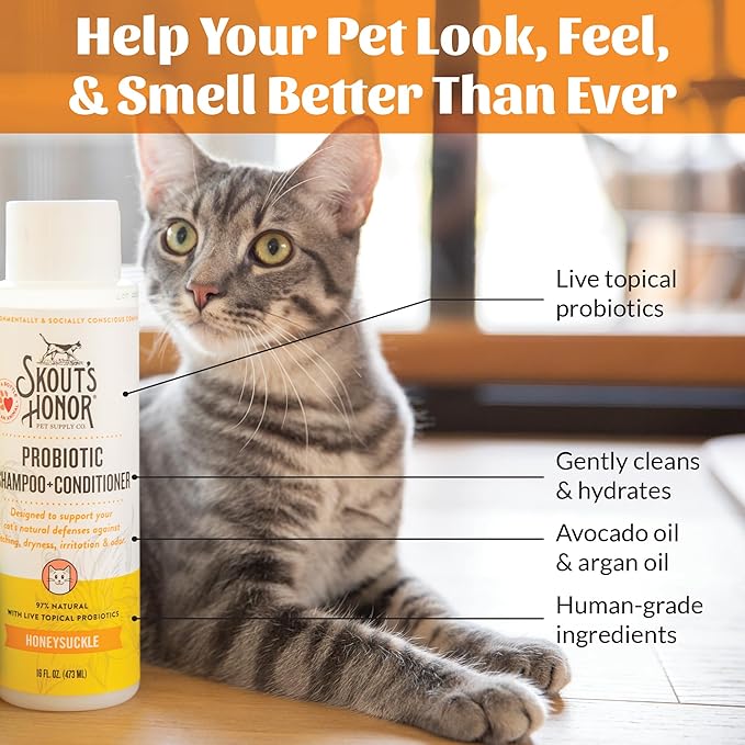 Skout's Honor Probiotic Cat Shampoo & Conditioner with Avocado Oil & Omega-3s, 97% Natural, Paraben & Sulfate-Free, Cruelty-Free, Defend Against Itch, Dryness, Irritation. 16oz, Honeysuckle-Mewly Pet