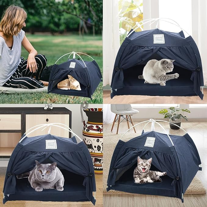 Cat Tent Bed,Cats Cave House Portable for Indoor with Removable Non-Slip Soft Pad Foldable Cat Tents Hut Washable Pet House Bed Outdoor for Kitty Puppy Small Pets 15.7x15.7x16.1 in (Navy Blue)-Mewly Pet