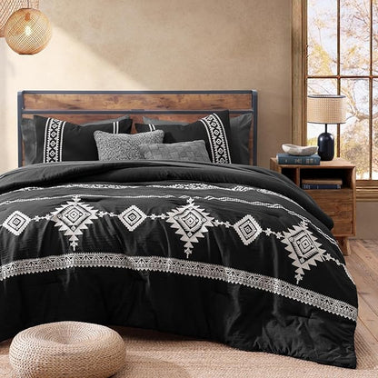 MaiRêve Oversized Queen Comforter Set Charcoal Black, Embroidery Western Bedding Set Boho 7 Pieces, Farmhouse All-Season Bed in A Bag with Sheets, Pillowcases & Shams