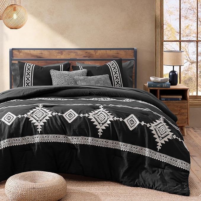 MaiRêve Embroidery California King Size Comforter Set Charcoal Black, Boho Farmhouse Western Bedding Set 7 Pieces, All Season Bed in A Bag Comforter Set with Sheets, Pillowcases & Shams