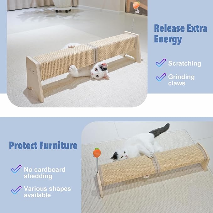 Cat Scratching Post, 30" Horizontal Sisal Scratch Post for Indoor Cats, Durable Cat Furniture Protector with Spring Toy-Mewly Pet
