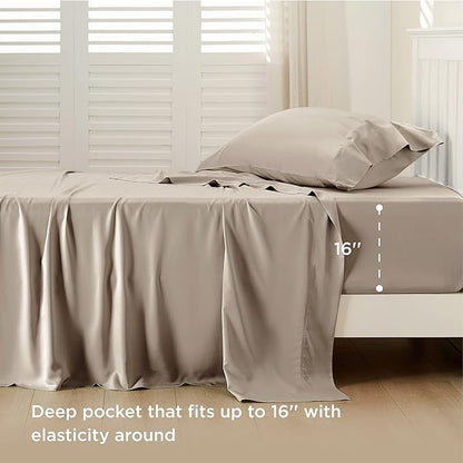 Bedsure Cooling Sheets Twin, Rayon Derived from Bamboo, Breathable & Soft Twin Sheets Set, Deep Pocket Up to 16 Inches, Hotel Luxury Silky Bedding for Hot Sleepers, Simply Taupe