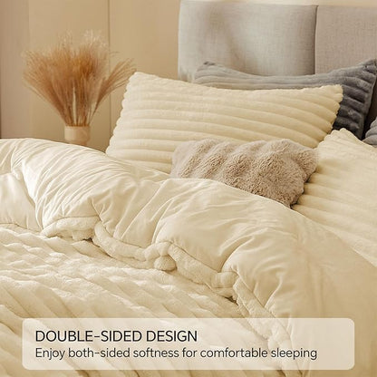 BEDELITE Fleece King Comforter Set -Super Soft & Warm Fluffy Beige Bedding, Luxury Fuzzy Heavy Bed Set for Winter with 2 Pillow Cases