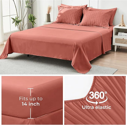 HYMOKEGE Coral Full Size Comforter Sets Seersucker 7 Pieces, All Season Luxury Bed in a Bag for Bedroom, Bedding Set with Comforter, Sheets, Pillowcases & Shams