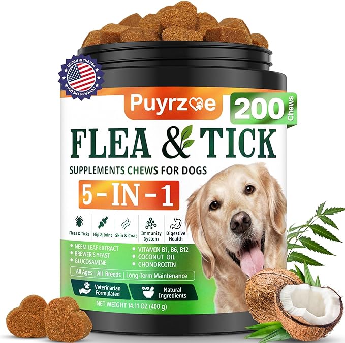 5-in-1 Dog Flea and Tick Treatment Chewable, Natural Flea and Tick Prevention for Dogs Chewable - Flea & Tick | Hip & Joint | Skin & Coat | Immunity Support | Digestive for All Breeds & Sizes-Mewly Pet