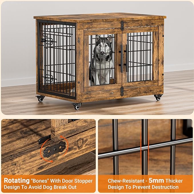 Lulive Dog Crate Furniture Set of 2, Dog Kennel Indoor Double Doors Wooden Dog Cage, 32'' Heavy Duty Dog Crate with Cushion & Wheels, End Table Pet House Chew-Resistant Up to 45 lb, Rustic Brown-Mewly Pet
