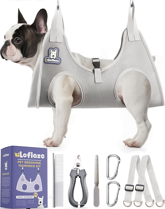 Dog Grooming Hammock Harness for Dogs & Cats with Pet Nail Clipper Trimmer - Cat Hanger Sling for Trimming Clipping Nails- Dog Hammock Restraint Bag for Small Medium Large pet （ Grey M ）-Mewly Pet