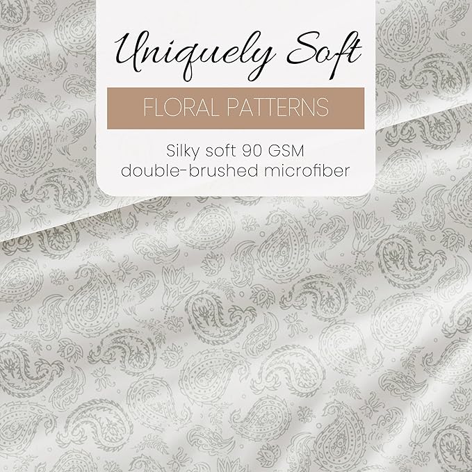 Linen Market Double-Brushed Patterned Microfiber Full Sheet Set 4 Piece – Oeko-TEX Certified Ultra Soft & Wrinkle-Free - 16" Deep Pocket Sheets - Easy Care Full Size - Coarse Paisley Light Gray