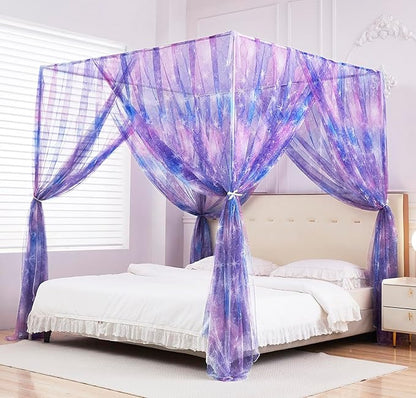 Mengersi Tie Dye Canopy Bed Curtains with Lights,Gradient Ombre Bed Canopy for Girls,Canopy for Bed Princess Bed Drapes for Girls Room Decor(Full,Purple)