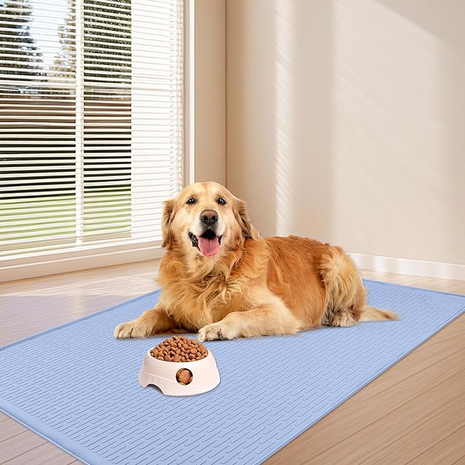 Dog Food Mat, Extra Large 40" x 28" Silicone Pet Feeding Mat with Raised Edge Pet Placemat for Small, Medium, and Large Pets Non-Slip, Easy to Clean (Blue)-Mewly Pet