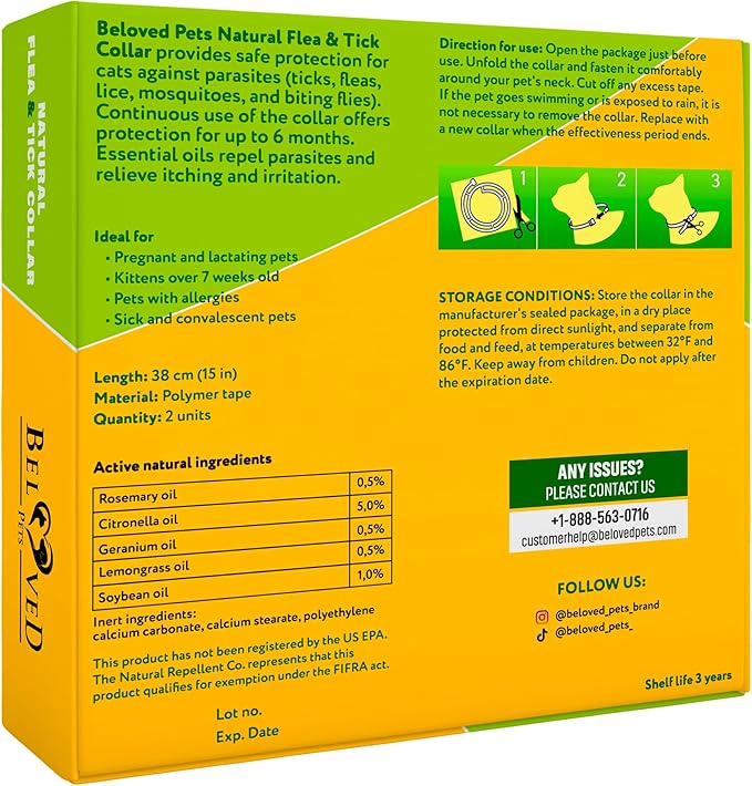 Natural Flea & Tick Collar for Cats - 12 Months Control of Best Prevention & Safe Treatment - Anti Fleas and Ticks Essential Oil Repellent (2 Pack)-Mewly Pet