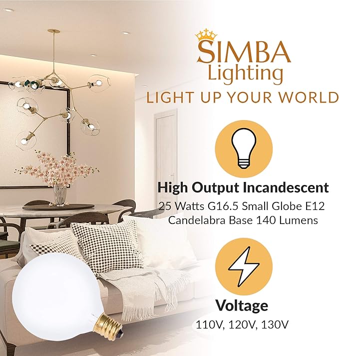 Simba Lighting Small Globe G16.5 Round Bulb 25W E12 Candelabra Base (10 Pack) for Chandelier, Ceiling Fan, Decorative Vanity Lights, Sconce, Aromatic Wax Warmer, Frosted Glass 120V, 2700K Warm White