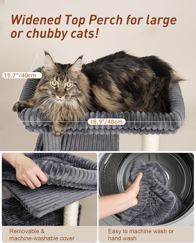 Cat Tree for Large Cat, 22.8” Cat Tower with Scratching Post, 20.9 * 15.7in Perch Bed for Adult Cats, Cat Condo with 2 Caves for Indoor Cats, Dark Gray-Mewly Pet
