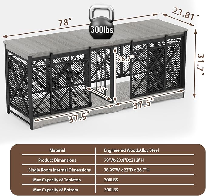 COZPAW 78 Inch Double Dog Crate Furniture, Extra Large Dog Kennel Indoor for Medium Large 2 Dogs, Heavy Duty Dog Cage Chew-Resistant Steel and Wooden Pet House with Removable Divider (Grey)-Mewly Pet